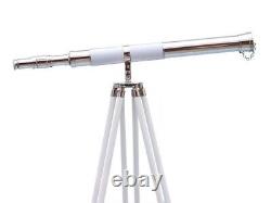 Vintage Floor Standing Chrome with White Leather Telescope Wooden Tripod Stand