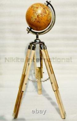 Vintage Globe With Wooden Tripod Stand Handmade For Office & Home Decor