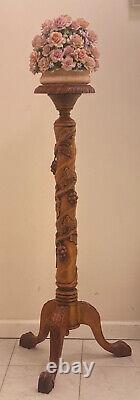 Vintage Hand Carved Grape Vine Mahoghany Torchiere Pedestal Tripod Plant Stand