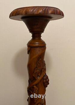 Vintage Hand Carved Grape Vine Mahoghany Torchiere Pedestal Tripod Plant Stand