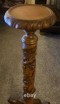 Vintage Hand Carved Grape Vine Mahoghany Torchiere Pedestal Tripod Plant Stand