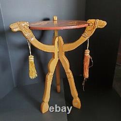 Vintage Hand Carved Wood Tripod Folding Table Camels Inlaid Top Boho Mid East
