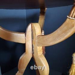 Vintage Hand Carved Wood Tripod Folding Table Camels Inlaid Top Boho Mid East