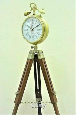 Vintage Handmade Designer Wood and Metal Clock, Adjustable Wooden Tripod