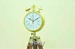 Vintage Handmade Designer Wood and Metal Clock, Adjustable Wooden Tripod