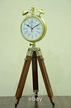 Vintage Handmade Designer Wood and Metal Clock, Adjustable Wooden Tripod