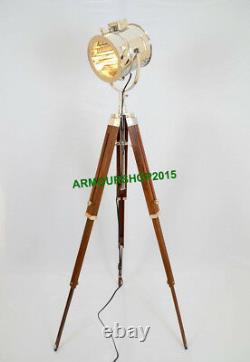 Vintage Handmade Nautical Spotlight Floor Lamp Brown Wooden Tripod Stand
