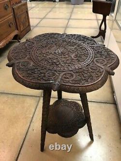 Vintage Heavily Carved Wooden Indian Tripod Standing Table 56 x 41cm