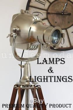 Vintage Heavy Big Spotlight Tripod Lamp Searchlight With Floor Wooden Tripod