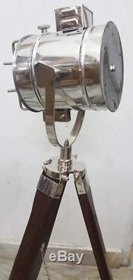 Vintage Industrial Chrome Movie Spot Light Floor Standing Wood Tripod Based Lamp