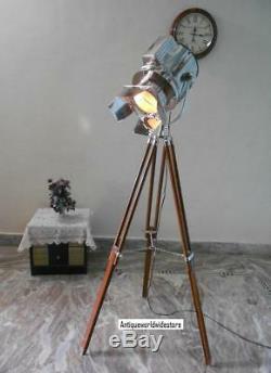 Vintage Industrial Designer Chrome Nautical Spot Light Tripod Floor Lamp Decorat