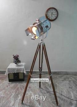 Vintage Industrial Designer Chrome Nautical Spot Light Tripod Floor Lamp Decorat