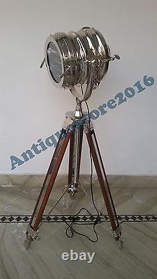 Vintage Industrial Designer Nautical Spotlight Wooden Tripod Floor Lamp Gift