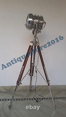 Vintage Industrial Designer Nautical Spotlight Wooden Tripod Floor Lamp Gift