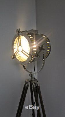 Vintage Industrial Spot Light Floor Lamp With Wooden Tripod Searchlight Decor