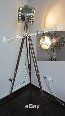 Vintage Industrial Spot Light Floor Lamp With Wooden Tripod Searchlight Decor