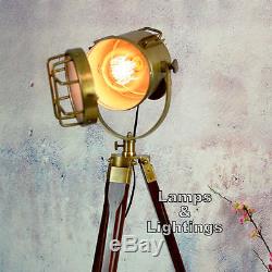 Vintage Industrial Stainless Wooden Led Tripod Searchlight Floor Lamp Home Decor