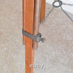 Vintage Industrial Tripod Floor Lamp, Wood Brass Adjustable Height Lamp, 118cm