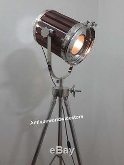 Vintage Industrial Wooden Nautical Spot Light Floor Lamp Tripod Stand Decor