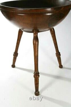 Vintage Large Hand Carved Wooden Bowl On Turned Wood Tripod Legs 22.5H x 18D