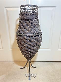 Vintage MCM Rattan & Wicker Basket Plant Urn Stand Tripod Legs Tall 31