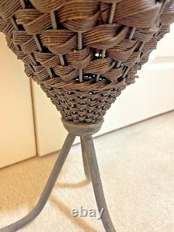 Vintage MCM Rattan & Wicker Basket Plant Urn Stand Tripod Legs Tall 31