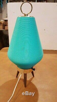 Vintage MID Century Modern Atomic Beehive Lamp Turquoise Aqua Wooden Tripod Legs