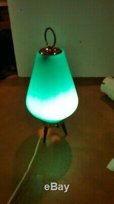 Vintage MID Century Modern Atomic Beehive Lamp Turquoise Aqua Wooden Tripod Legs