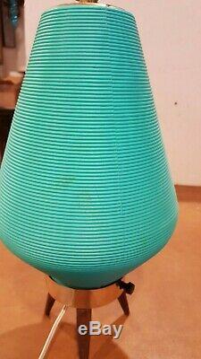 Vintage MID Century Modern Atomic Beehive Lamp Turquoise Aqua Wooden Tripod Legs