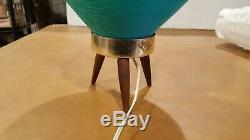 Vintage MID Century Modern Atomic Beehive Lamp Turquoise Aqua Wooden Tripod Legs