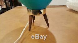 Vintage MID Century Modern Atomic Beehive Lamp Turquoise Aqua Wooden Tripod Legs