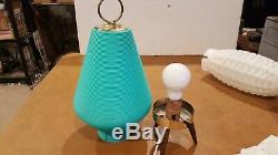 Vintage MID Century Modern Atomic Beehive Lamp Turquoise Aqua Wooden Tripod Legs