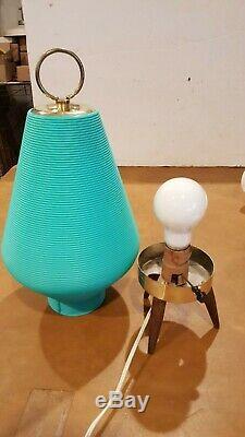 Vintage MID Century Modern Atomic Beehive Lamp Turquoise Aqua Wooden Tripod Legs