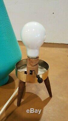 Vintage MID Century Modern Atomic Beehive Lamp Turquoise Aqua Wooden Tripod Legs