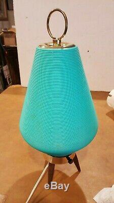 Vintage MID Century Modern Atomic Beehive Lamp Turquoise Aqua Wooden Tripod Legs