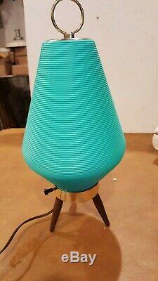 Vintage MID Century Modern Atomic Beehive Lamp Turquoise Teal Wooden Tripod Legs