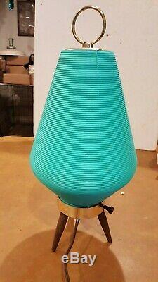 Vintage MID Century Modern Atomic Beehive Lamp Turquoise Teal Wooden Tripod Legs