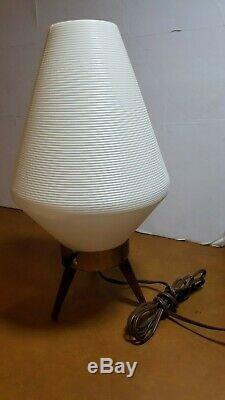 Vintage MID Century Modern Atomic Beehive Lamp White Wooden Tripod Legs