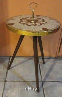 Vintage MID Century Modern Retro Brass Wood Tile Tri Pod Table Handle Tan Brown