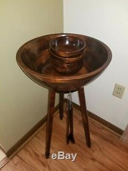 Vintage Mahogany Wood Salad Bowl Set with Tripod Stand, 4 Bowls and Utensils