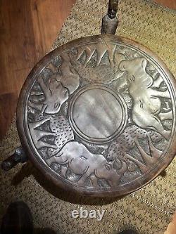 Vintage Malawian Ebony Wood authentic tripod table reversible top. Hand carved