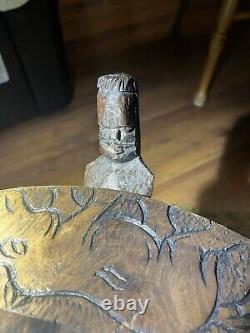 Vintage Malawian Ebony Wood authentic tripod table reversible top. Hand carved