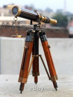 Vintage Marine Desktop Antique Brass Telescope With Wooden Tripod Marine Scope G
