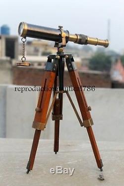 Vintage Marine Desktop Antique Brass Telescope With Wooden Tripod Marine Scope G