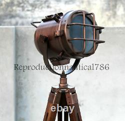 Vintage Marine Industrial Copper Nautical Floor Lamp With Wooden Tripod Décor