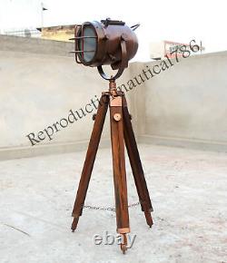 Vintage Marine Industrial Copper Nautical Floor Lamp With Wooden Tripod Decor