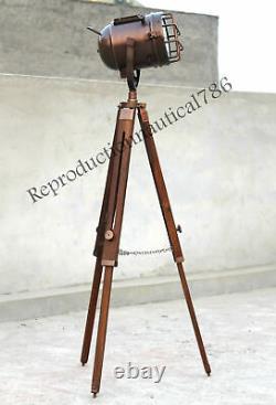 Vintage Marine Industrial Copper Nautical Floor Lamp With Wooden Tripod Décor