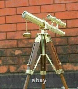 Vintage Marine Mini Double Barrel Brass Telescope With Wooden Tripod Stand Gift