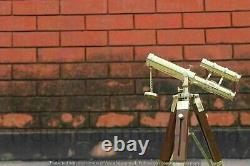 Vintage Marine Mini Double Barrel Brass Telescope With Wooden Tripod Stand Gift