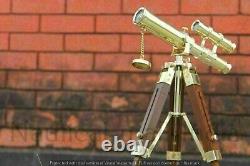 Vintage Marine Mini Double Barrel Brass Telescope With Wooden Tripod Stand Gift